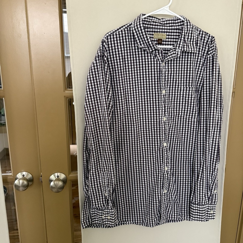 Sonoma Men's XXL Purple White Plaid Long Sleeve Button Up Shirt Top